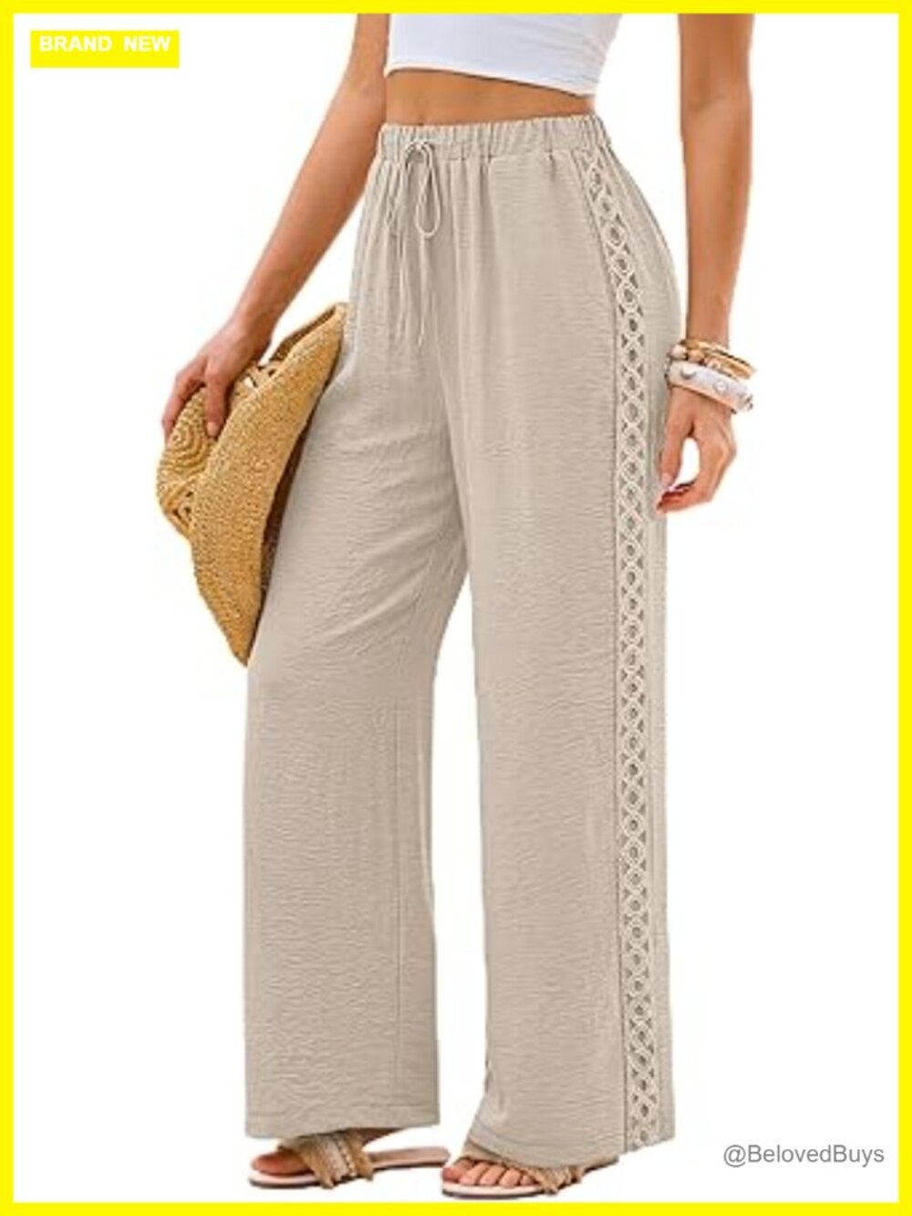 Wide Leg Palazzo Pants with Pockets Flowy Lace Trim Elastic Waist Summer